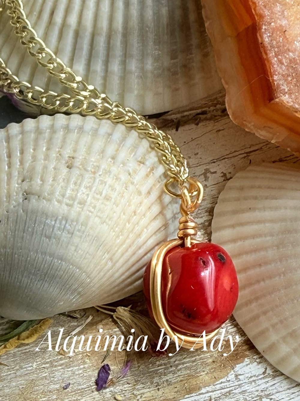 Fall + Big Gold-Wrapped Red Coral Pendant Necklace